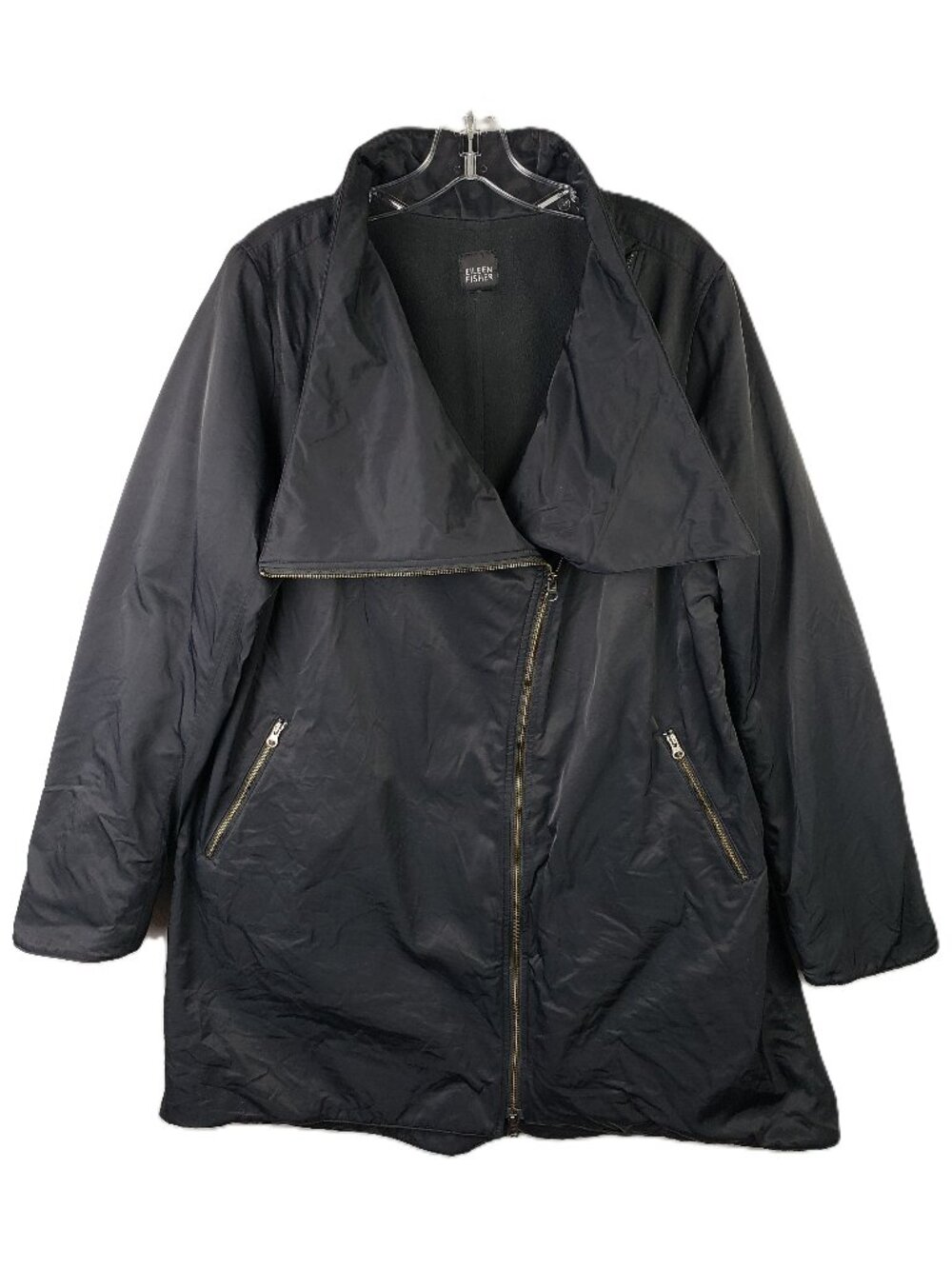Eileen Fisher Jacket Full Zip Fleece Lined Trench Rain Coat Black Funnel Neck XL